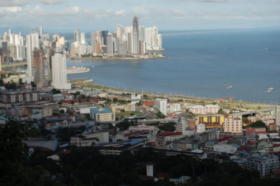View over Panama City rooftops and skyline toward the bay from Ancon Hill