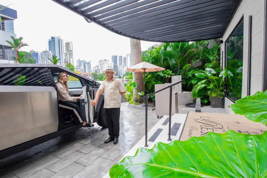 Couple arriving by car with valet at the building entrance.