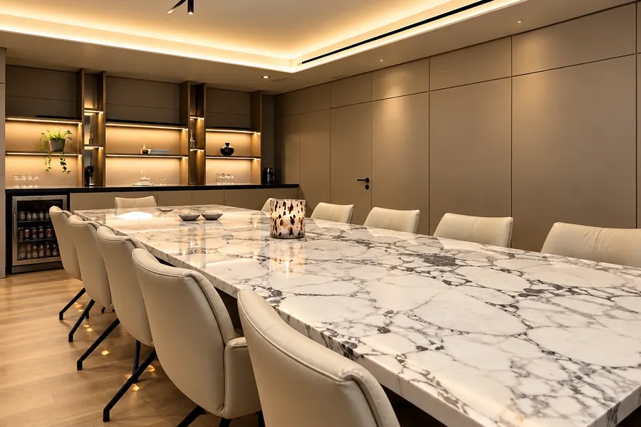 Meeting room with a long marble table, cream leather chairs and lit shelves.