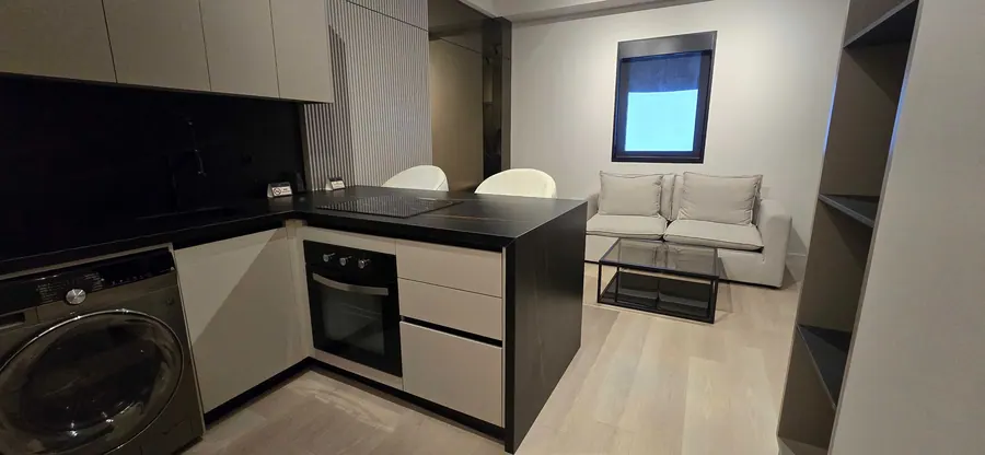 The City Suite kitchen with washer and living area.