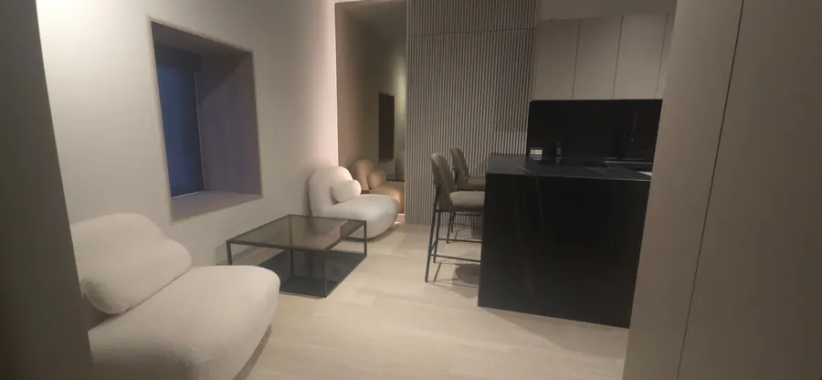 Studio Suite living area with sofa, table and kitchen.