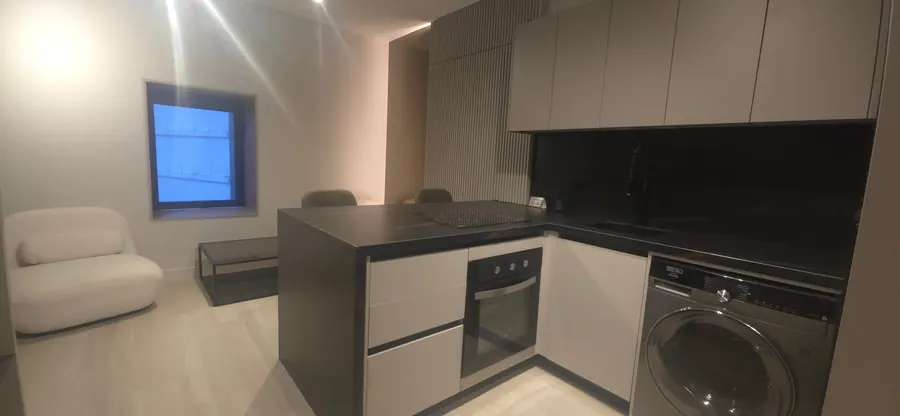 Studio Suite kitchen with oven, washer and sofa.