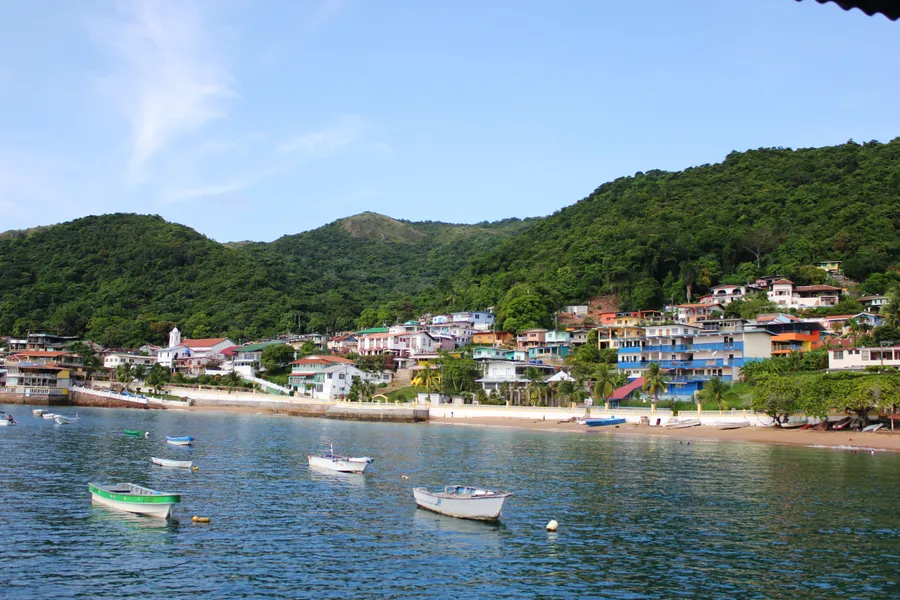 Colorful houses on Taboga island's green hillside above boats moored in blue water